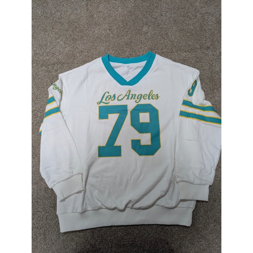 Los Angeles 79 V-Neck Graphic Sweatshirt White‎ Teal Yellow M Womens Mens